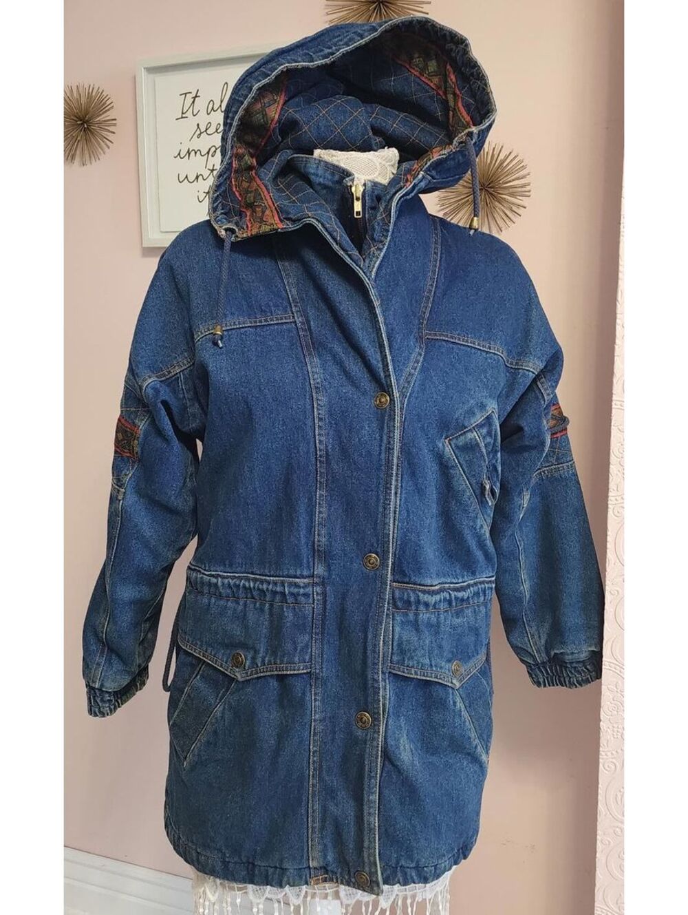 Current Seen Denim Jean jacket long super warm flannel inside heavier L 14